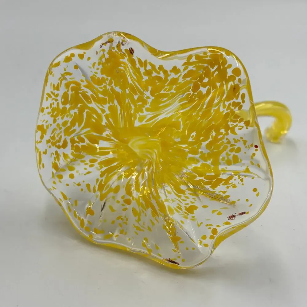 Vibrant Yellow Speckled Hand Blown Art Glass Flower Open Base Bud